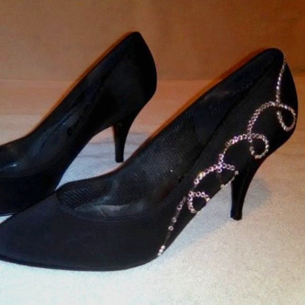 Flex Soles Colorfuls Rhinestone Heels Black Satin 7.5 Size